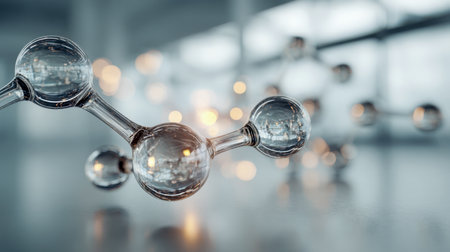 A clear, glass-like atomic framework illustrates chemical interactions amid a soft-focus laboratory scene, emphasizing scientific innovation and molecular complexityの写真素材