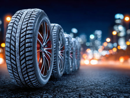 A row of rugged winter tires rests on dark asphalt, with a luminous city skyline and vibrant bokeh...