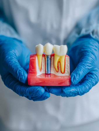 A dental professional in blue gloves presents a detailed model demonstrating tooth replacement...
