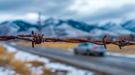 A close-up of aged, jagged wire contrasts with a distant vehicle gliding along a rural path, set...