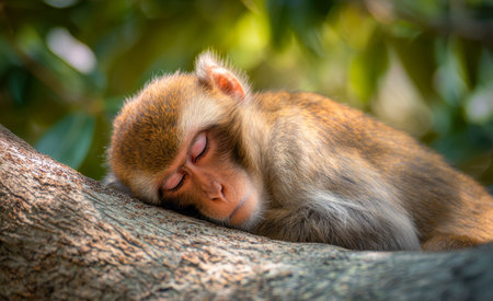 A serene young primate relaxes on a leafy branch, eyes gently shut, amid lush greenery in a calm, sunlit jungle setting, radiating peace and harmony.の写真素材