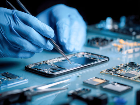 Skilled technicians in blue gloves meticulously craft and reassemble a smartphone's intricate interior amidst an array of electronic components on a busy workbench.の写真素材