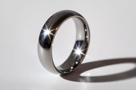 A polished silver ring resting on a smooth white background, reflecting its surroundings with crisp...
