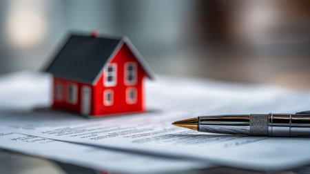 A sleek pen rests beside a small red model home on official property papers, highlighting themes of real estate transactions, investment decisions, and mortgage planの写真素材
