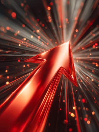 A luminous crimson arrow accelerates upward amidst vibrant glowing streaks and drifting particles, set against a sleek, futuristic backdrop evoking rapid growth andの写真素材