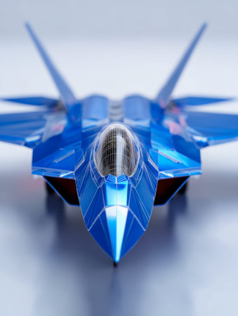 A sleek, high-tech fighter craft in vibrant blue, featuring jagged contours and streamlined curves,...