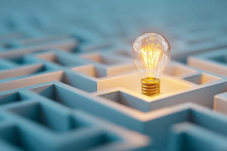 A warm, luminous filament bulb at the maze's heart highlights innovative thinking and clarity amid...