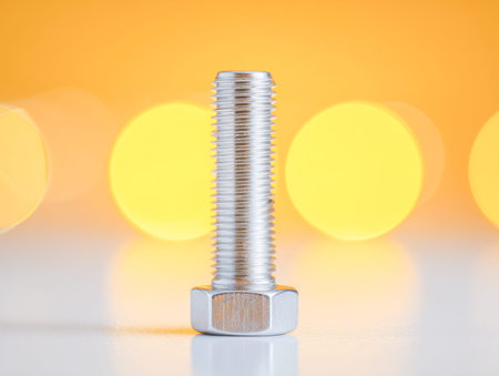 A sleek steel fastener stands vertically on a polished base, illuminated by a glowing backdrop of...