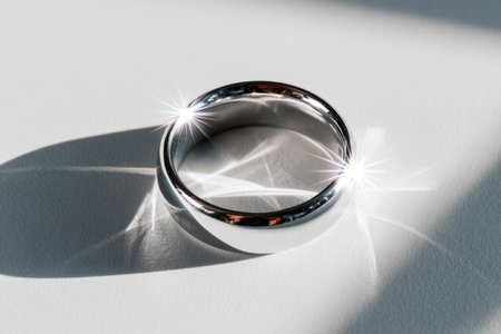 A sleek, polished silver circle captures glittering reflections and gentle shadows on a pristine white backdrop, illuminated by warm sunlight creating intricate lighの写真素材