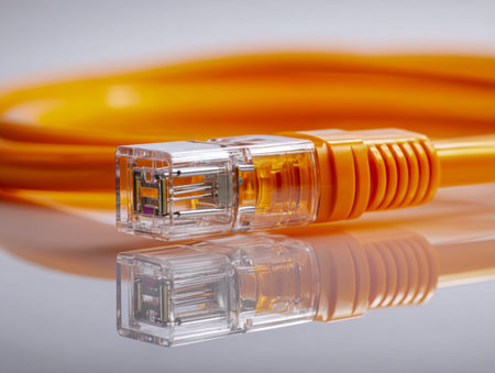 A vibrant yellow network cable with a transparent plug, showing intricate internal components,...