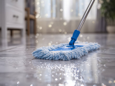 A vibrant blue microfiber cloth glides across a polished marble surface, enveloped in warm sunlight within a stylish, contemporary living space.の写真素材