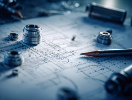 A meticulous drafting session showcasing an intricate metal components layout alongside a precise pencil, set against a workshop workspace filled with technical planの写真素材