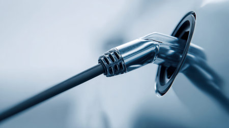 A polished metallic refueling spout connects smoothly to a vehicle's inlet, its shiny surface...