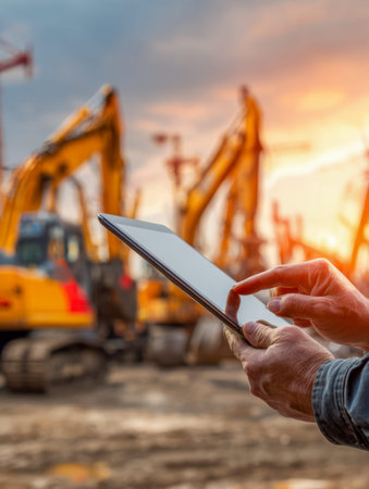 A individual reviews project data on a tablet amid a bustling site with yellow excavators,...