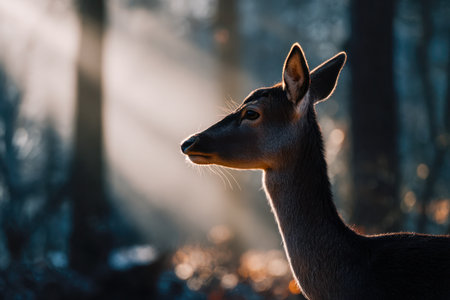 A graceful deer stands silently amidst the awakening forest, illuminated by tender dawn rays that highlight its delicate features against a tranquil woodland scene.の写真素材
