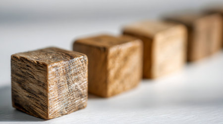 Elegant wooden blocks aligned on a clean white background, blurred background emphasizing organic textures and warm tones in a sleek, minimal design.の写真素材