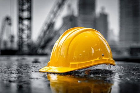 A bright yellow helmet lies on a slick, rain-soaked ground amidst a construction zone, with distant cranes and urban skyline softly blurred in the misty drizzle.の写真素材
