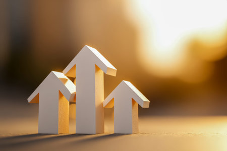 Tiny white cardboard houses form upward-pointing arrows against a warm sunset glow, illustrating...