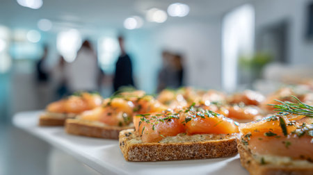 Elegant bites featuring silky smoked salmon atop crusty artisan bread, accented with vibrant herbs, set against a sleek, sunlit ambiance ideal for convivial moments.の写真素材
