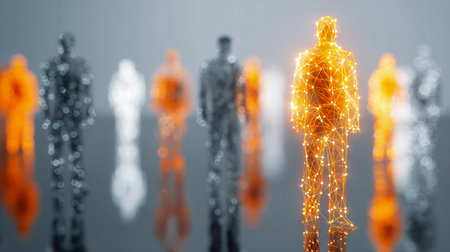 Futuristic digital silhouettes intertwined with luminous data links, illustrating seamless virtual communication and the interconnected landscape of advanced technolの写真素材