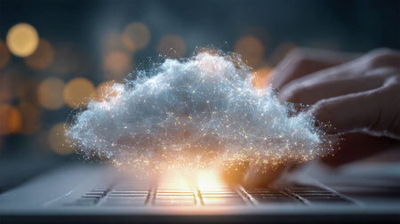 Focused hands work on a laptop as a luminous cloud-shaped digital network materializes above,...