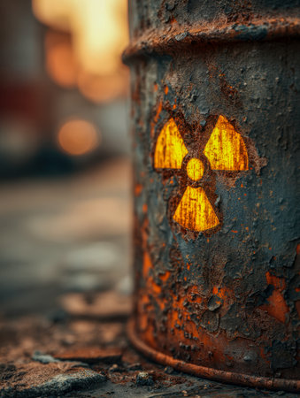 A corroded steel container bearing a faded hazard warning rests on fractured earth, illuminated by warm sunset glow amid an abandoned industrial landscape.の写真素材