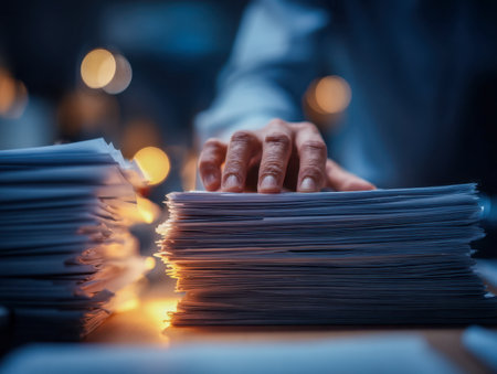 Amid soft, dim lighting and a warm, glowing bokeh backdrop, an individual meticulously arranges extensive paperwork, emphasizing concentration and organizational focの写真素材