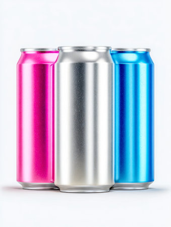 Vibrant pink, metallic silver, and lively blue cans arranged in a neat row to evoke fresh ideas for...