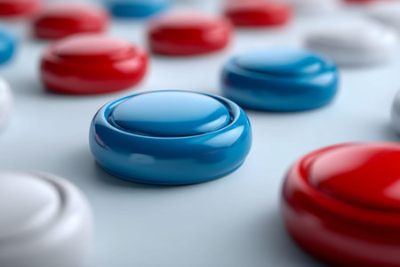 Vibrant, reflective game tokens in blue, red, and white are casually scattered across a surface, evoking themes of tactical thinking, lively rivalry, and dynamic comの写真素材