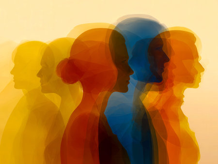 An array of overlapping transparent profiles representing people from different backgrounds, bathed...