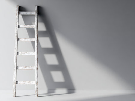 A weathered wooden step ladder subtly leans on a muted gray wall, its gentle shadow blending with the serene, uncluttered space illuminated by natural light and textの写真素材
