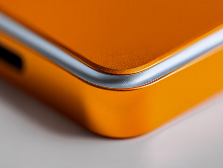 A detailed view reveals a vibrant orange metallic edge accented with polished silver accents, highlighting craftsmanship and sophisticated technology in a contemporaの写真素材