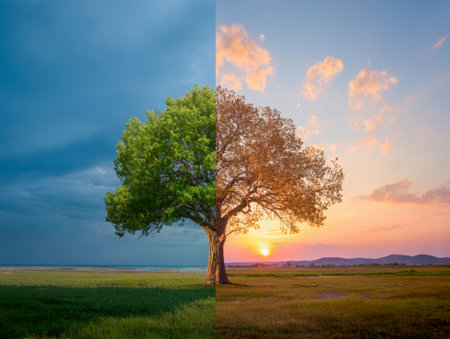 A solitary tree in an expansive field displays vibrant summer leaves on one side and faded autumn hues on the other, set against a dramatic sky of sunset and clouds.の写真素材