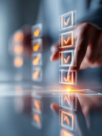 A professional interacts with a sleek, luminous digital panel, effortlessly ticking off tasks in a...