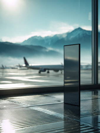 A sleek device rests on a glossy airport floor, reflecting the soft dawn glow. Through expansive windows, distant aircraft and foggy mountain peaks create a tranquil scene.の写真素材