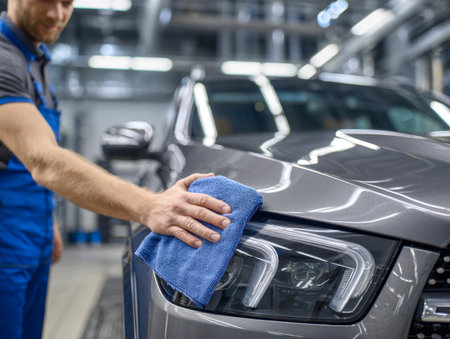 A skilled technician gently cleans a sleek, gray vehicle?s headlamp using a soft microfiber cloth amid a contemporary, well-lit workshop ambiance.の写真素材