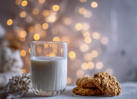 A serene scene featuring a chilled milk glass next to homemade oatmeal treats, illuminated by gentle fairy lights that evoke comfort and warmth.の写真素材
