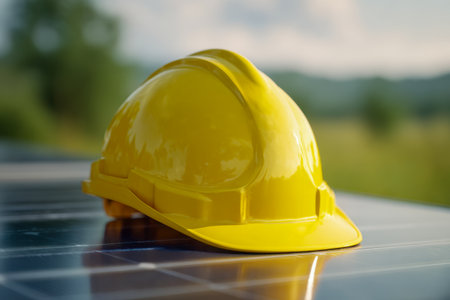 A vibrant safety helmet is placed on a sleek solar panel, with a soft-focus natural scenery behind, highlighting sustainable work practices and eco-friendly technoloの写真素材