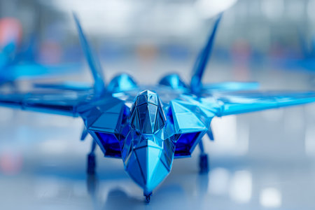 A sleek, angular blue spacecraft silhouette stands out against a luminous modern backdrop, its surface perfectly reflected on a polished, glass-like platform.の写真素材