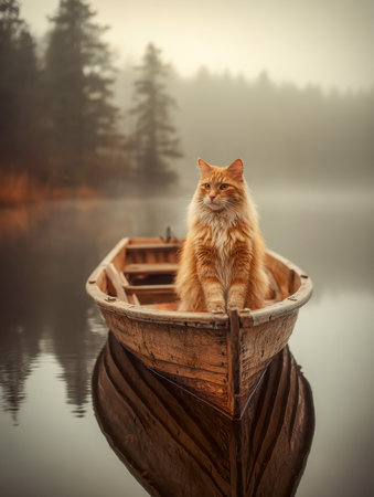 A soft, orange feline rests serenely on a weathered boat drifting across a quiet lake, with autumnal trees softly fading into morning fog.の写真素材