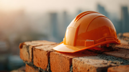 A bright orange safety helmet atop an incomplete brick structure, with a softly-focused urban skyline illuminated by warm, golden hour rays.の写真素材
