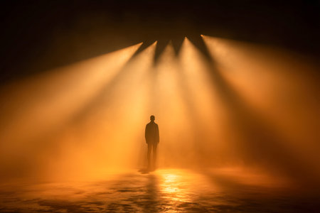 A lone individual gazes into the distance under soft, amber lighting, their stance reflected on a shimmering surface amid a misty, moody ambiance that evokes introspの写真素材