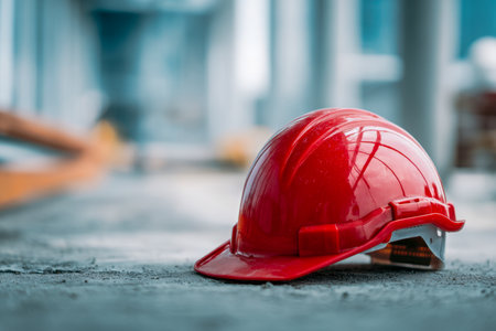 A vibrant safety helmet lies on gravelly terrain amidst a bustling industrial environment, illuminated by gentle natural light with a softly blurred workspace backdrの写真素材