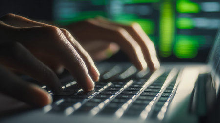 A focused individual works late into the night, fingers moving across a laptop keyboard as complex...
