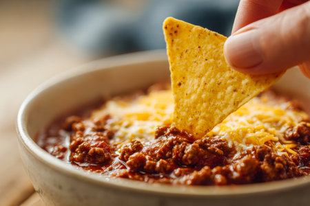A warm, inviting scene featuring someone scooping a golden corn chip into a steaming bowl of thick beef chili crowned with gooey cheddar, perfect for comfortable eveの写真素材
