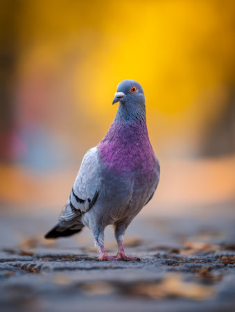A lively pigeon perches confidently on a textured stone walkway, set against an abstract burst of warm yellow and cool blue tones softly blurred in autumn sunlight.の写真素材