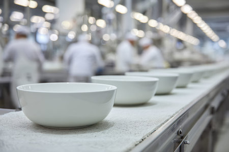 Workers in pristine uniforms oversee the sleek conveyor of pristine ceramic bowls, illuminated by...