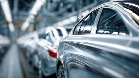 Sleek, freshly manufactured cars rest in precise rows amid bright industrial lighting, signaling an active facility preparing for final checks and shipment.の写真素材