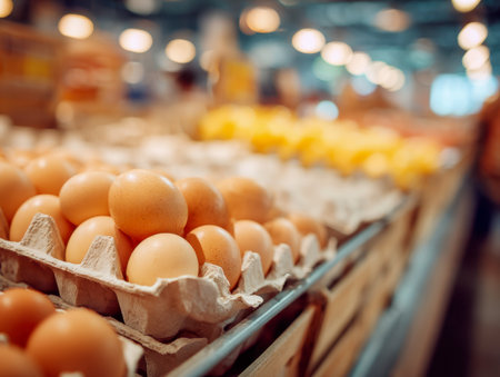 Rustic eggs nestled in cardboard cartons shine softly under inviting warm light, evoking comfort and simplicity in a welcoming grocery aisle.の写真素材