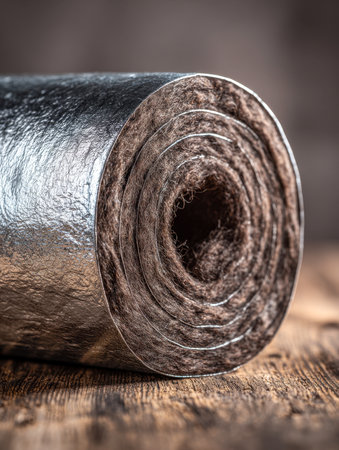 A coiled insulating fabric featuring a shiny reflective layer on one side rests on a rustic wooden background, ideal for enhancing energy conservation in building prの写真素材
